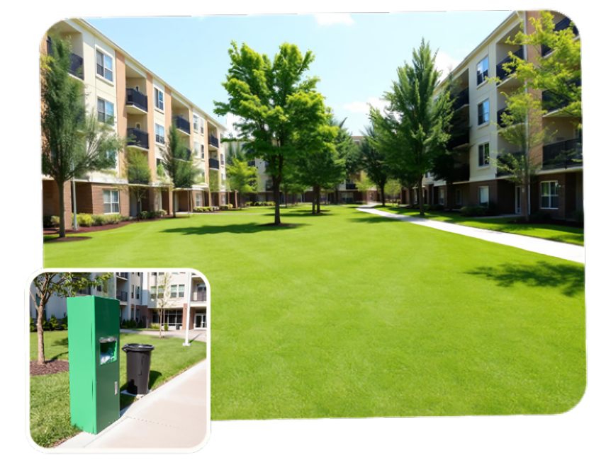 Apartment community courtyard lawn with inset image of pet waste bag dispenser station