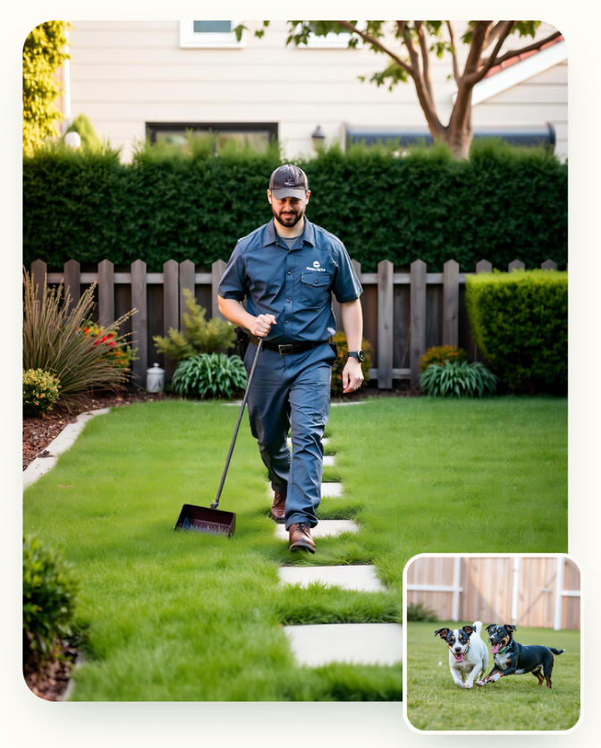 Technician using a scoop and pan to clean pet waste from a backyard lawn
