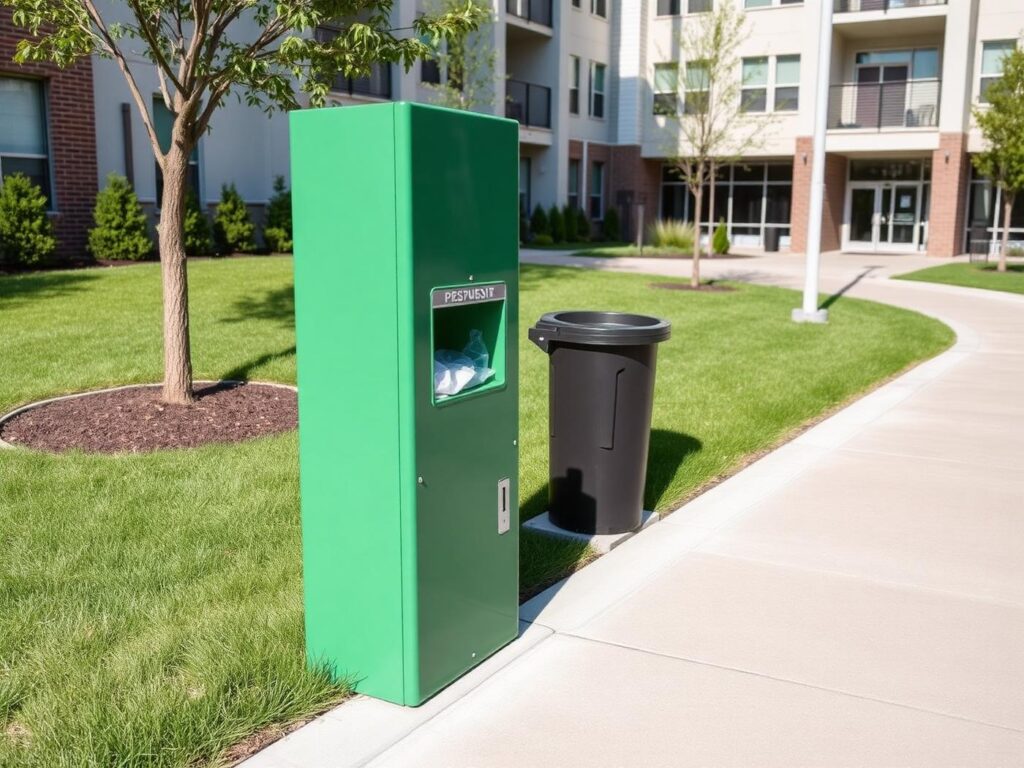 pet-waste-station-apartment-community-walkway with insert image of pet-waste-removal-technician-backyard-service
