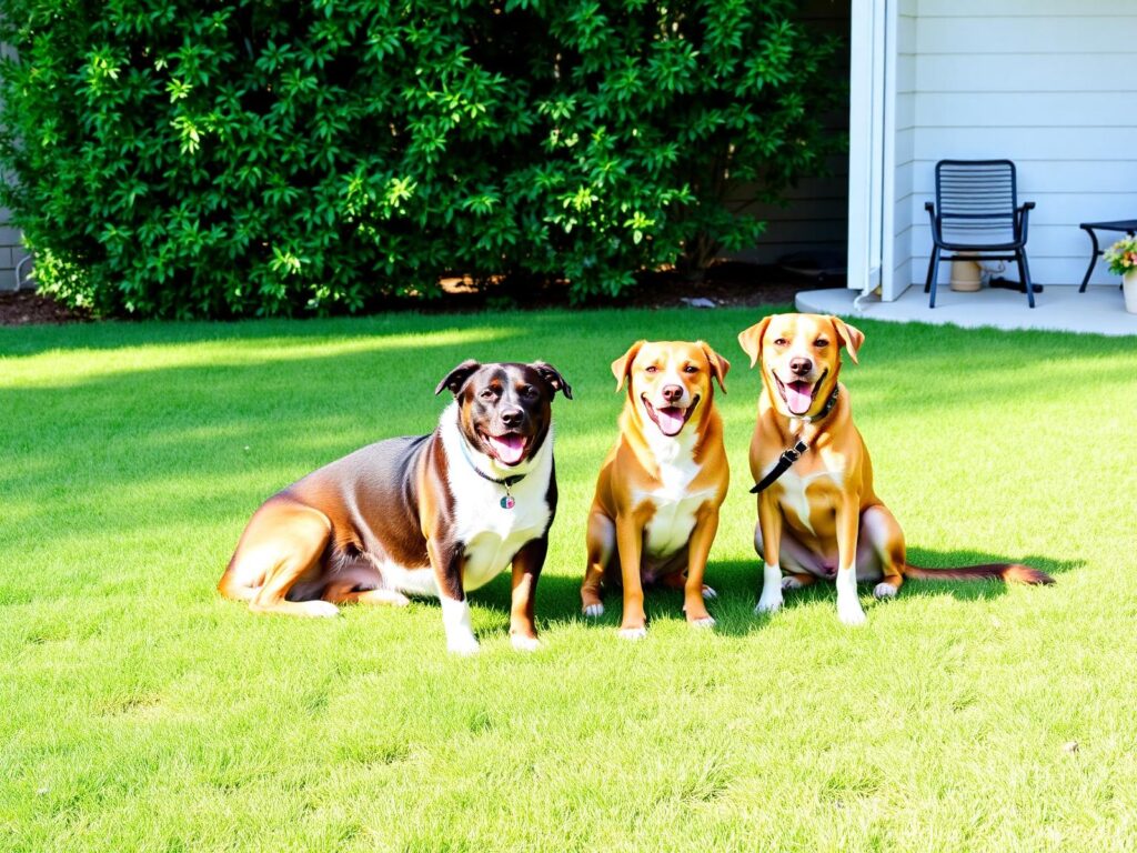 Three dogs sitting together on a clean, well-maintained backyard lawn